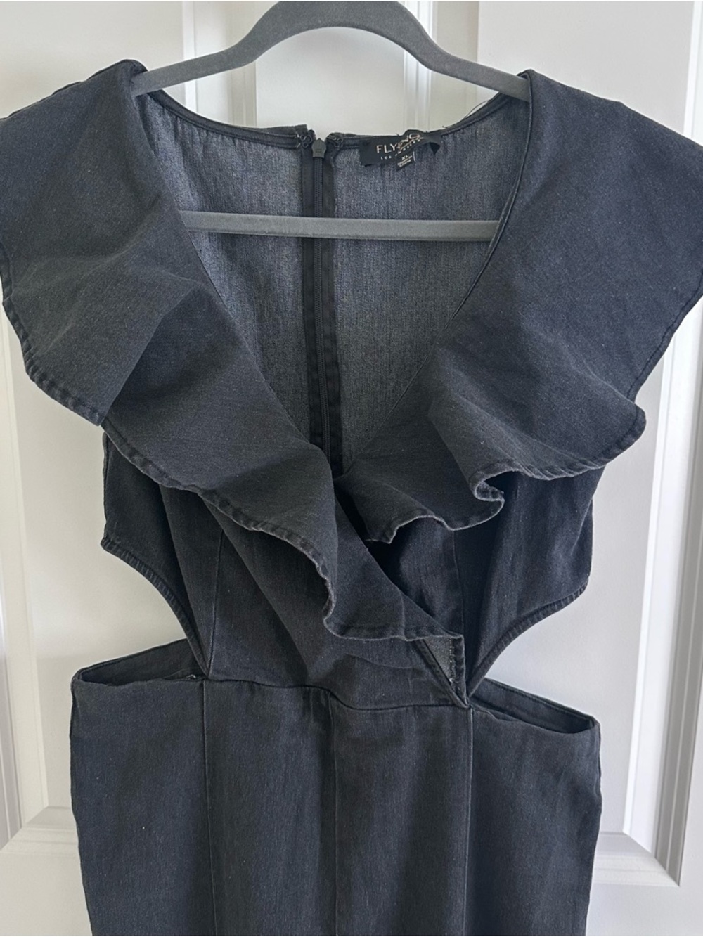 Flying Tomato Black Women’s Denim Jumpsuit with Ruffle Neckline